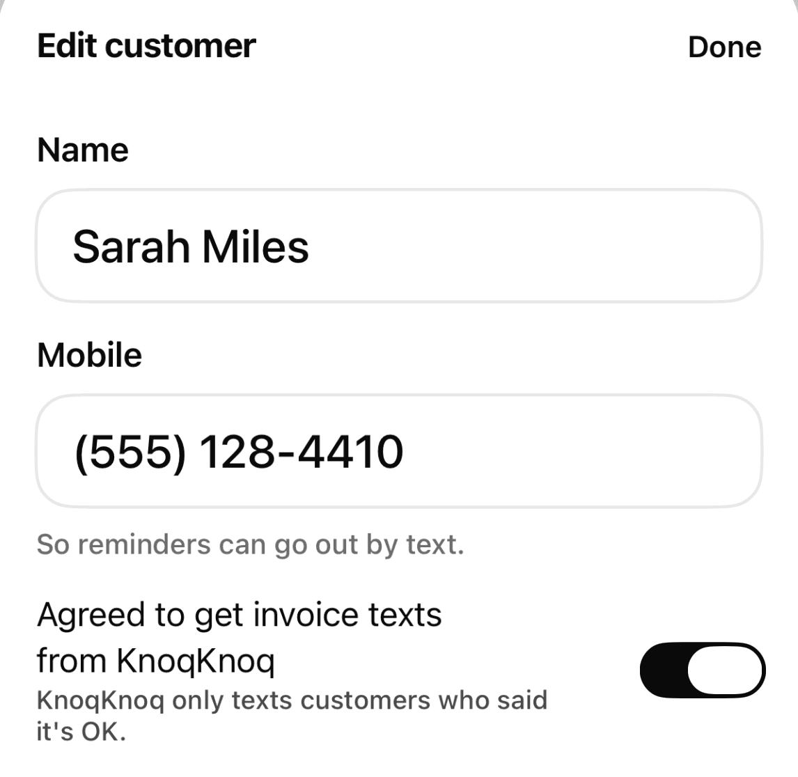 The Edit customer screen in the KnoqKnoq iPhone app, with Name and Mobile fields and a switch, turned on, labeled 'Agreed to get invoice texts from KnoqKnoq' with the note 'KnoqKnoq only texts customers who said it's OK.'